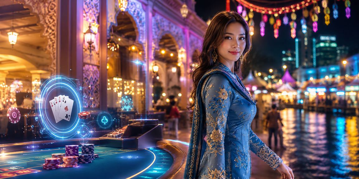 Pemain Malaysia berbaju kurung di meja baccarat dengan suasana kasino tempatan